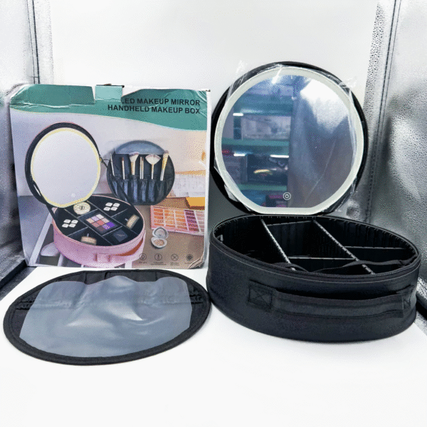Travel-Friendly Cosmetic Organizer with Mirror and LED Light - Round Makeup Bag with Large Capacity