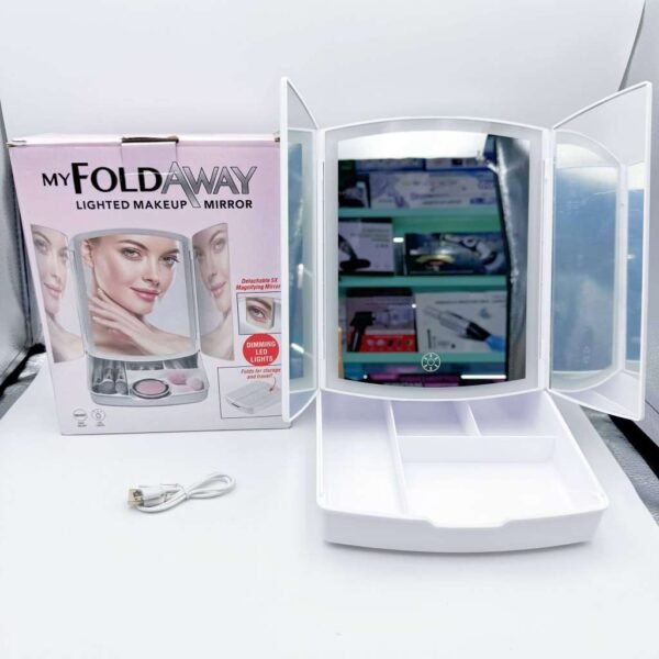 Hot Selling USB Charging Magnifying Fold Storage Box Makeup Mirror Desktop 3 Mode Fill Lighting up Mirror With Led Light
