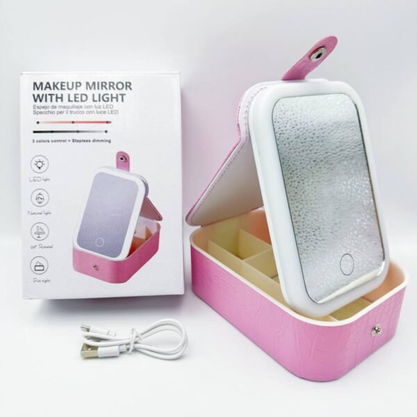 Cross Border crocodile Patterned LED Makeup Mirror Three Color Bright Capacity Multifunctional Cosmetics Jewelry Box Mirror