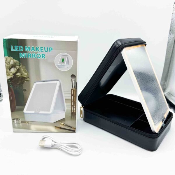 Small Travel LED Makeup Mirror Case with 3 Adjustable Color Light Settings Dust-Proof Jewelry Box Mini with Lighted Mirror