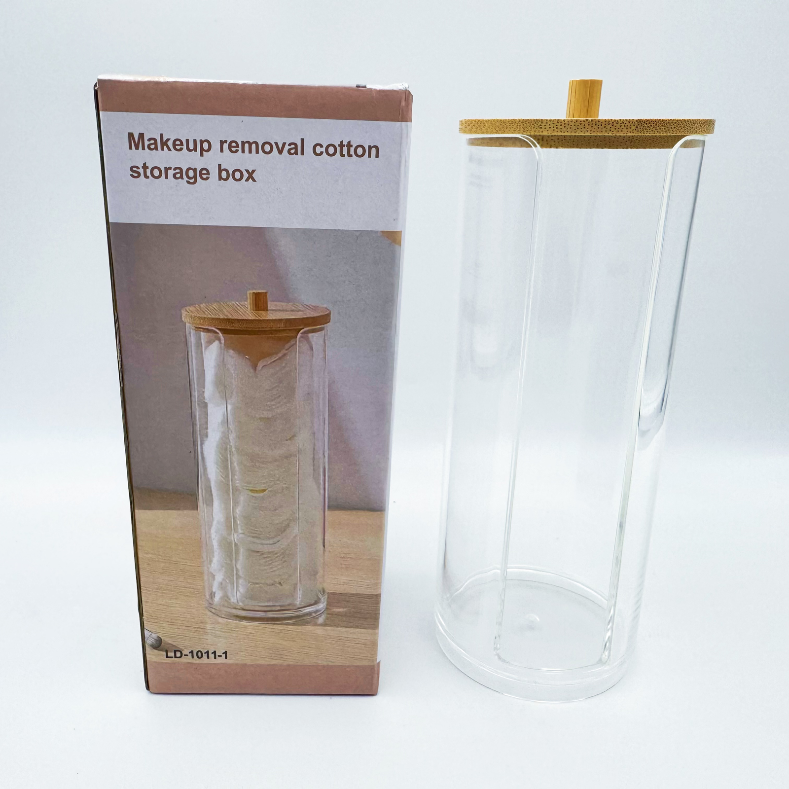 Beautiful Design Plastic Cotton Swab Storage Box with Wooden Cover Desktop Organizing Bin